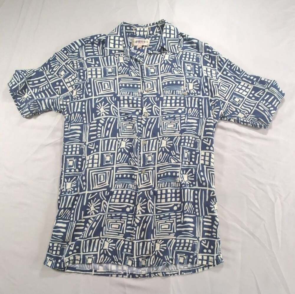Vintage Campia Moda Blue and White Geometric Print Button Down Shirt Size S